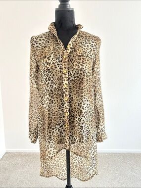 Point Blouse Sheer Leopard Print Button-Up Tunic - Gold Buttons